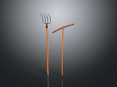 Handcrafted Wooden Pitchfork And Hoe With Long Handles For Garden Use 3d model