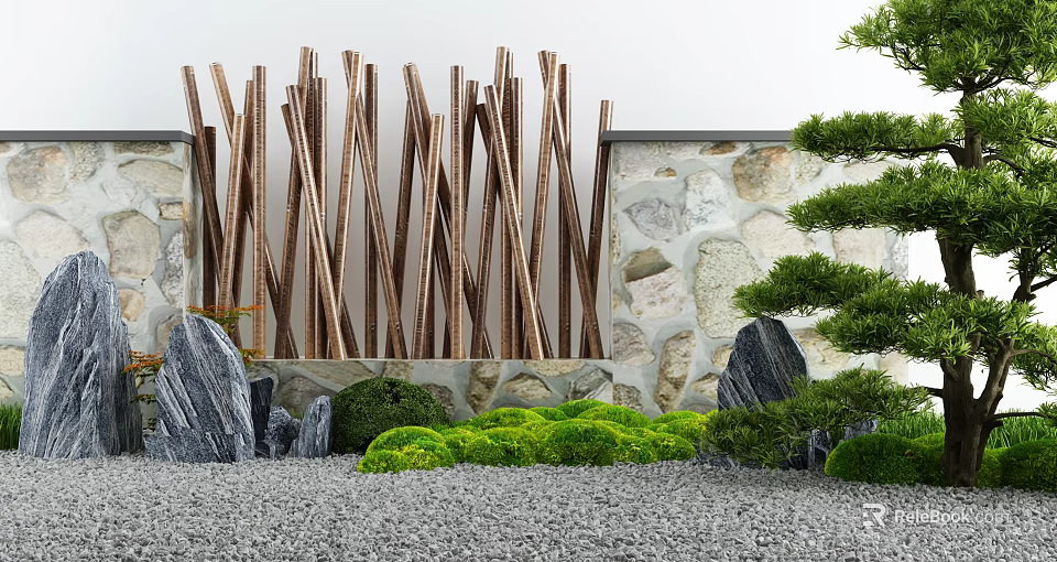 Natural Garden Ornament With Wooden Sticks Stone Wall Green Shrubs Large Rocks And Pebble Ground 3d model 