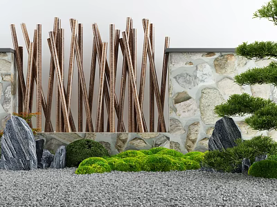 Natural Garden Ornament With Wooden Sticks Stone Wall Green Shrubs Large Rocks And Pebble Ground 3d model