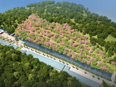 Garden Landscape Design Featuring Lush Green Trees Pink Blossoms Water Channel And Pathways 3d model