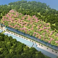 Garden Landscape Design Featuring Lush Green Trees Pink Blossoms Water Channel And Pathways