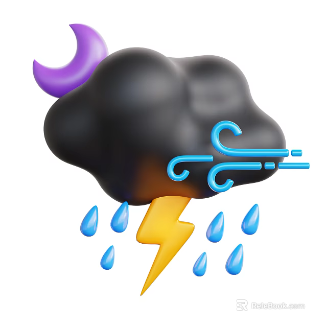 Decorative Ornament Set Featuring Black Cloud Purple Moon Blue Wind Lightning And Raindrops 3d model