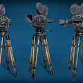 Projection Monitoring System with Two Vintage Film Cameras on Black and Orange Tripods