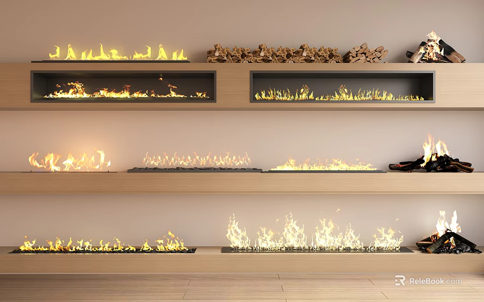 Modern Fireplace Interior Design With Built in Units And Realistic Flame Effects 3d model
