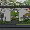 Chinese Style Building Exterior Wall With Arched Doorway Circular Windows Green Plants And Stone Decorations