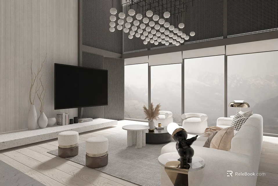 Modern Loft Living Room With Chandelier Panoramic Windows And White Furniture 3d model 