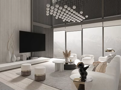 Modern Loft Living Room With Chandelier Panoramic Windows And White Furniture 3d model