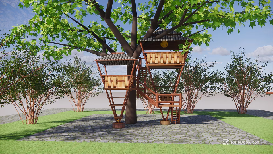 Treehouse On Large Tree With Wooden Platforms And Ladders In Garden 3d model 