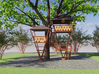 Treehouse On Large Tree With Wooden Platforms And Ladders In Garden 3d model