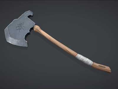 Medieval Axe Weapon With Engraved Metal Head And Wooden Handle 3d model