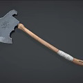 Medieval Axe Weapon With Engraved Metal Head And Wooden Handle