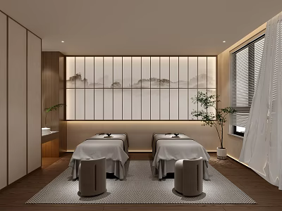 Serene Spa Treatment Room With Japanese Style Screen And Massage Beds 3d model