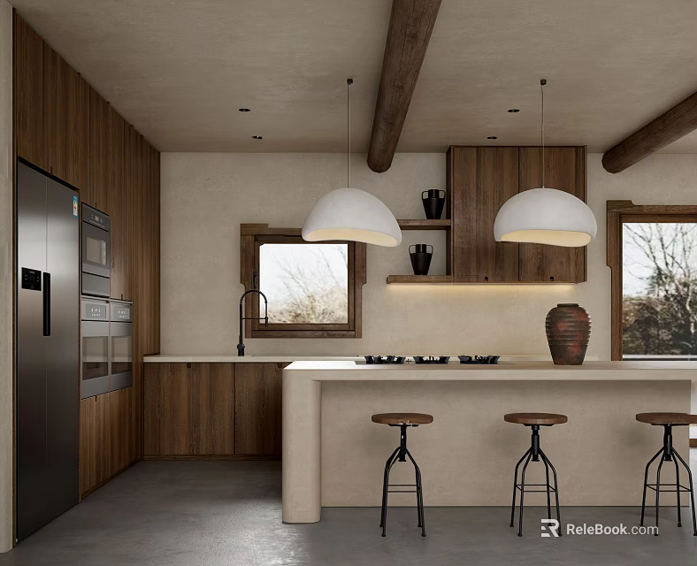 Rustic Modern Kitchen Design With Wooden Cabinets Island Counter Pendant Lights Bar Stools And Appliances 3d model 