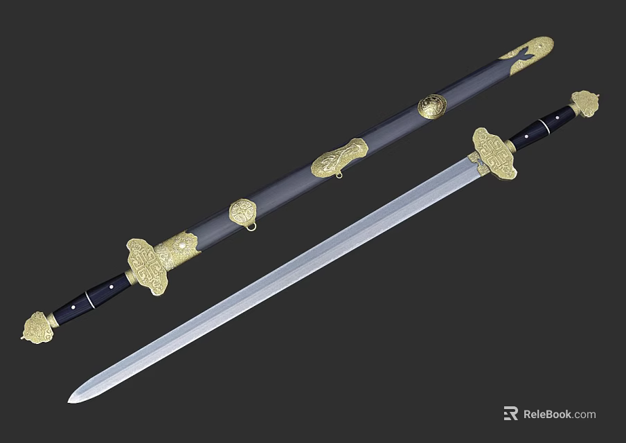 Ornate Sword With Black Scabbard Hilt Golden Embellishments And Shiny Silver Blade 3d model 