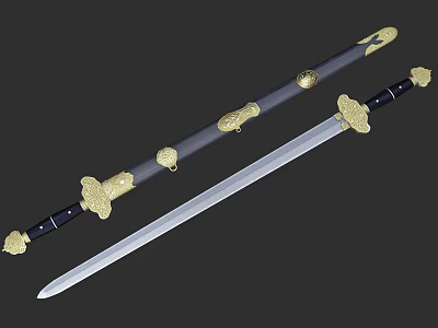 Ornate Sword With Black Scabbard Hilt Golden Embellishments And Shiny Silver Blade 3d model