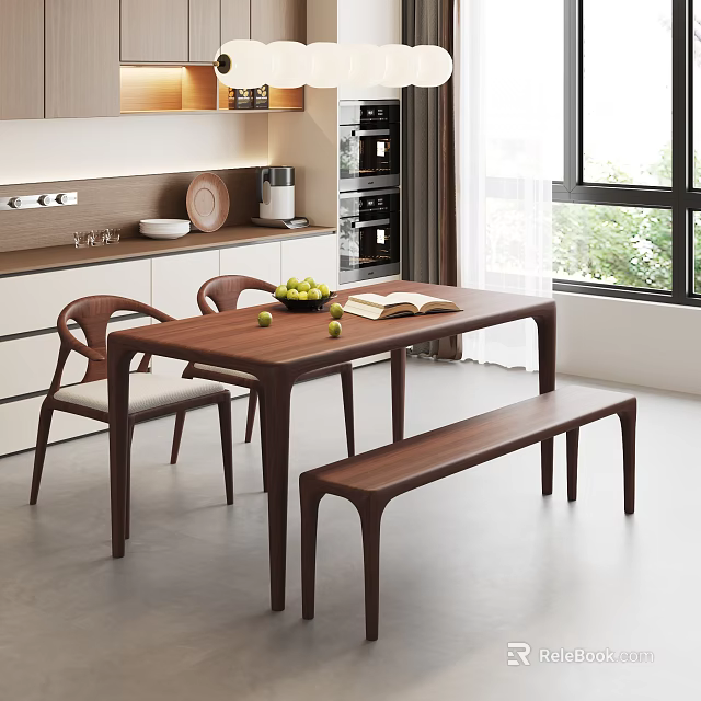 Modern Wooden Dining Table Set With Chairs Bench Fruit And Open Book In Kitchen 3d model 