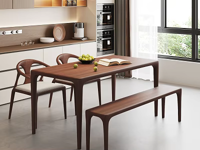 Modern Wooden Dining Table Set With Chairs Bench Fruit And Open Book In Kitchen 3d model