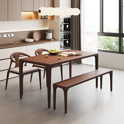 Modern Wooden Dining Table Set With Chairs Bench Fruit And Open Book In Kitchen 3d model