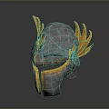 Ancient Battle Helmet Featuring Silver Body Golden Feathered Sides Carved Patterns And Chainmail Chin