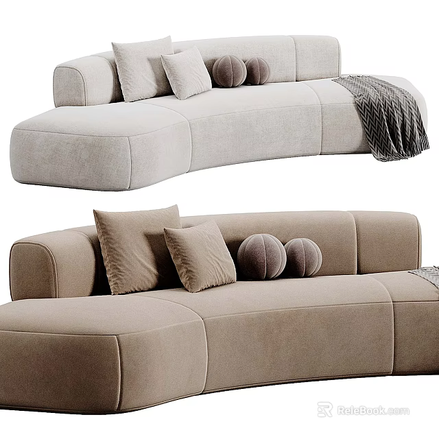 Modern Cozy Sectional Sofa With Pillows Round Cushions And Throw Blanket In Neutral Tones 3d model 
