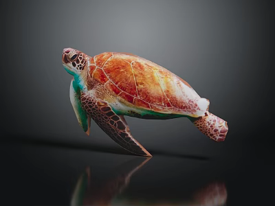 Colorful Sea Turtle with Orange Green Shell on Dark Background and Reflection 3d model