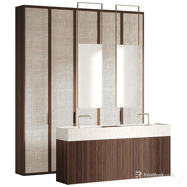 Modern Bathroom Vanity Cabinet With Double Mirrors Marble Countertop And Brass Faucets 3d model 