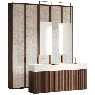Modern Bathroom Vanity Cabinet With Double Mirrors Marble Countertop And Brass Faucets 3d model