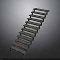 Industrial Style Metal Frame Stairs With Wooden Steps And Worn Texture On Gray Background