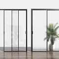 Sliding Doors with Transparent and Grid Glass in Indoor with Green Plant Wooden Floor