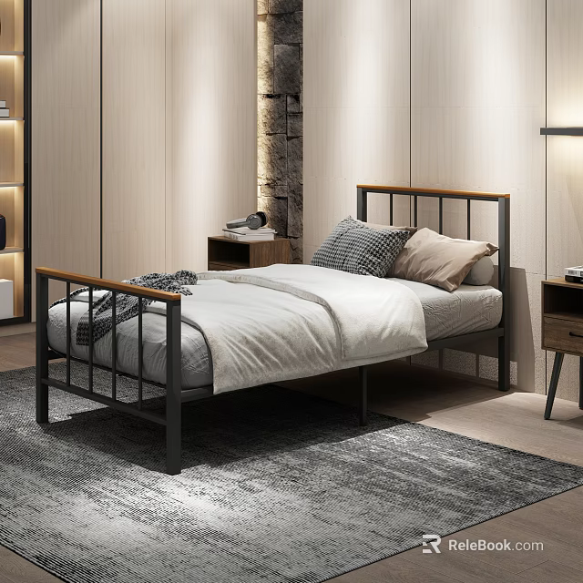 Modern Kids Bed With Metal Frame Wood Accent Headboard Plush Pillows And Gray Area Rug 3d model 