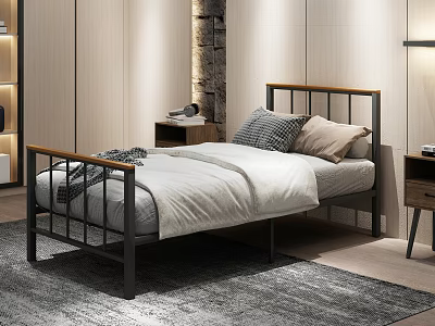 Modern Kids Bed With Metal Frame Wood Accent Headboard Plush Pillows And Gray Area Rug 3d model