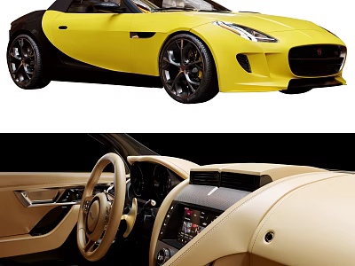 Yellow Jaguar Convertible Exterior And Beige Interior 3d model