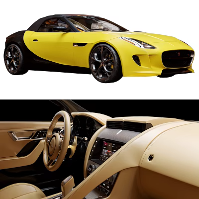 Yellow Jaguar Convertible Exterior And Beige Interior 3d model