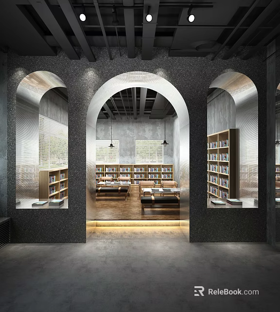 Book Art Interior Design With Arched Doorways Bookshelves And Reading Spaces 3d model 