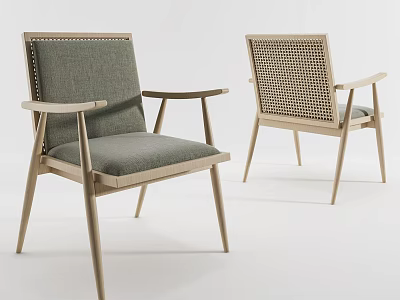 Modern Armchair Design With Light Wood Frame Gray Fabric Cushion And Rattan Backrest 3d model
