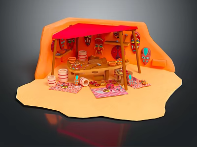 Cartoon Scene of Orange Hut Red Roof Wooden Table Clay Pots Colorful Decorations Hanging Masks 3d model