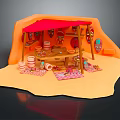 Cartoon Scene of Orange Hut Red Roof Wooden Table Clay Pots Colorful Decorations Hanging Masks