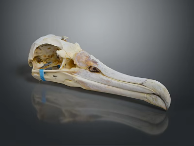 Bird Skull Specimen With Long Beak Blue Tag On Gray Background 3d model