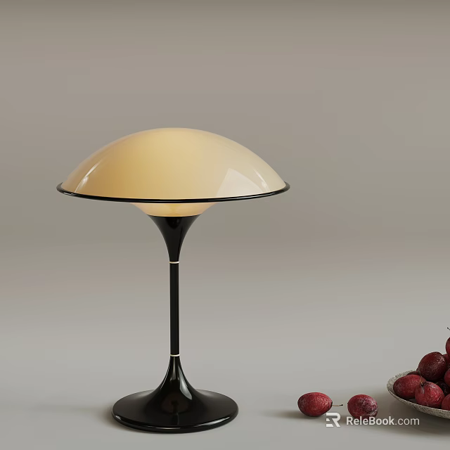 Modern Table Lamp With White Curved Lampshade Black Base And Red Fruits Bowl 3d model 