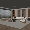 Modern Living Room Interior With Floor to Ceiling Windows Blinds White Sofa And Wooden Elements