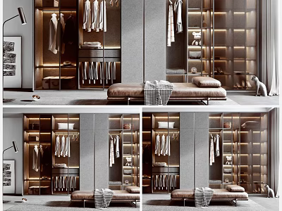 Modern Luxury Wardrobe Interior Design With Wooden Shelves Hanging Rods And LED Lighting 3d model