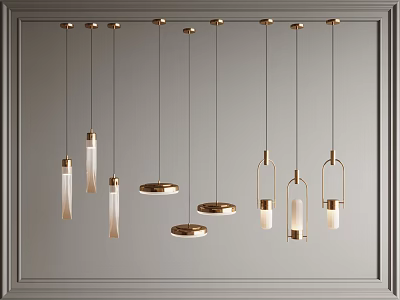Modern Chandeliers In Various Shapes With Metal Frame And Glass Shades Hanging From Ceiling 3d model