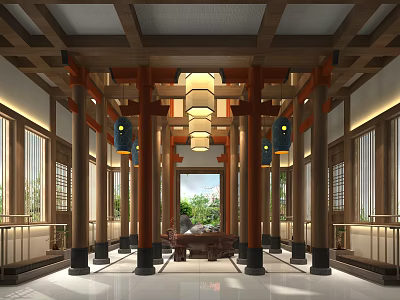 Traditional Chinese Hotel Lobby Interior With Wooden Beams Hanging Lamps And Red Pillars 3d model
