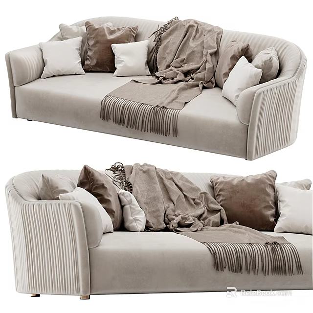 Modern Cozy Light Colored Sectional Sofa With Multiple Pillows And Fringe Blanket 3d model