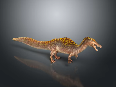 3D Rendered Dinosaur Model with Yellow Brown Stripes Open Mouth on Dark Reflective Surface 3d model
