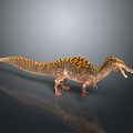 3D Rendered Dinosaur Model with Yellow Brown Stripes Open Mouth on Dark Reflective Surface