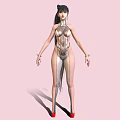 Futuristic Woman In Shiny Metallic Bodysuit With High Heels And Ponytail