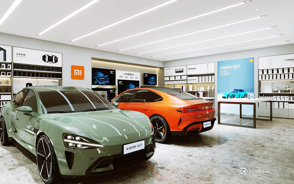 Xiaomi Auto Car Showroom Featuring Green And Orange Electric Vehicles With Display Screens And Cabinets 3d model 