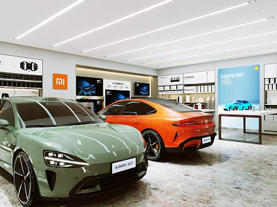 Xiaomi Auto Car Showroom Featuring Green And Orange Electric Vehicles With Display Screens And Cabinets 3d model