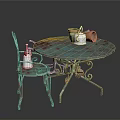 Outdoor Metal Round Table And Chair With Colorful Rustic Design Ceramic Pots Spray Bottle Teapot
